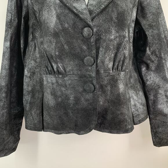 Vintage Suede Blazer Jacket Women Large‎ Black Metallic Wash Peplum Edgy Moto - Picture 2 of 10